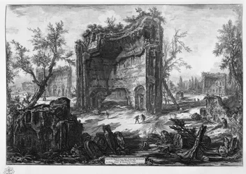 Vue des vestiges des fabriques du deuxième étage des Thermes de Titus. A premier plan. B vestiges du théâtre